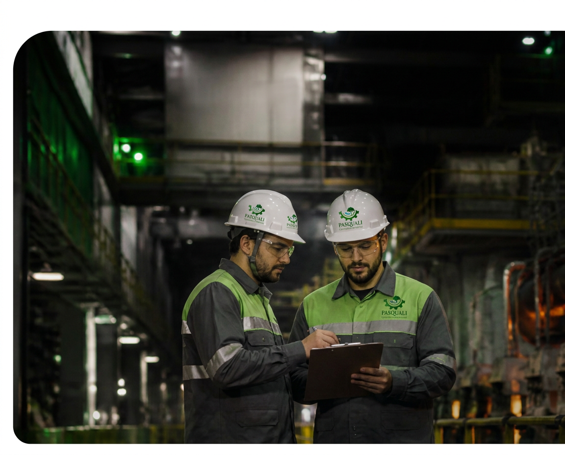Equipe técnica Pasquali analisando projeto industrial em fábrica no RS